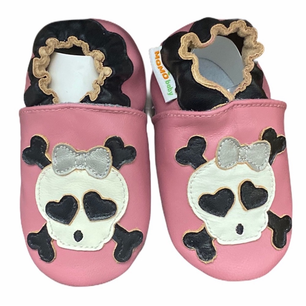 Momo Soft Sole Leather Baby Shoes Pink Skull Bow Size 12 to 18 months